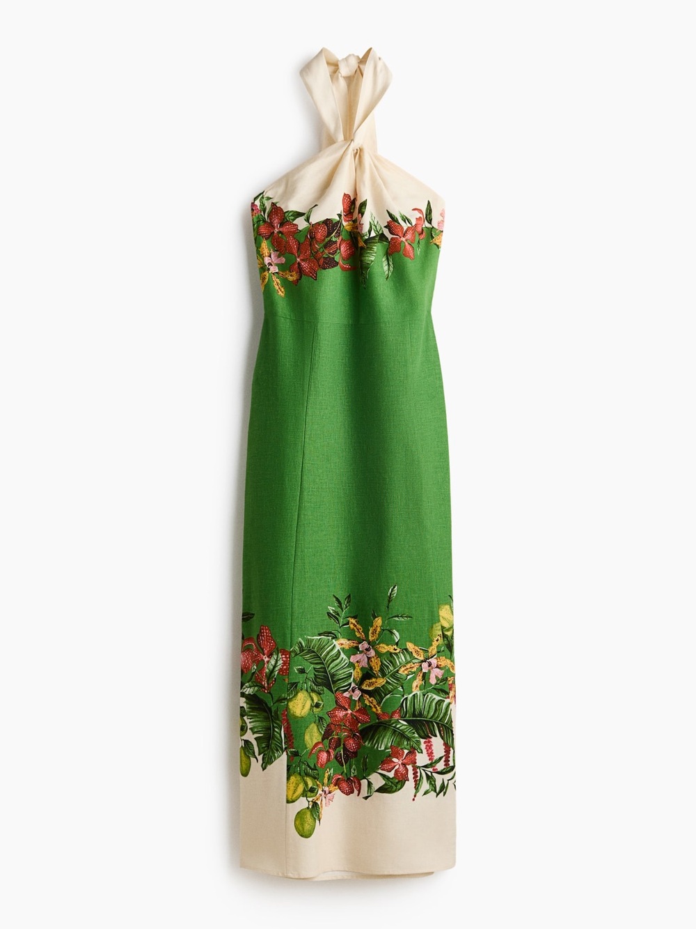 H&M Linen Blend Tropical Halter Midi Dress Green White Floral Vacation L - Picture 5 of 12